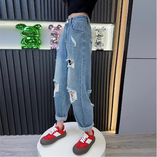 宽松显瘦老爹裤 浅蓝高腰哈伦裤 大码 女九分初秋款 小个子 破洞牛仔裤