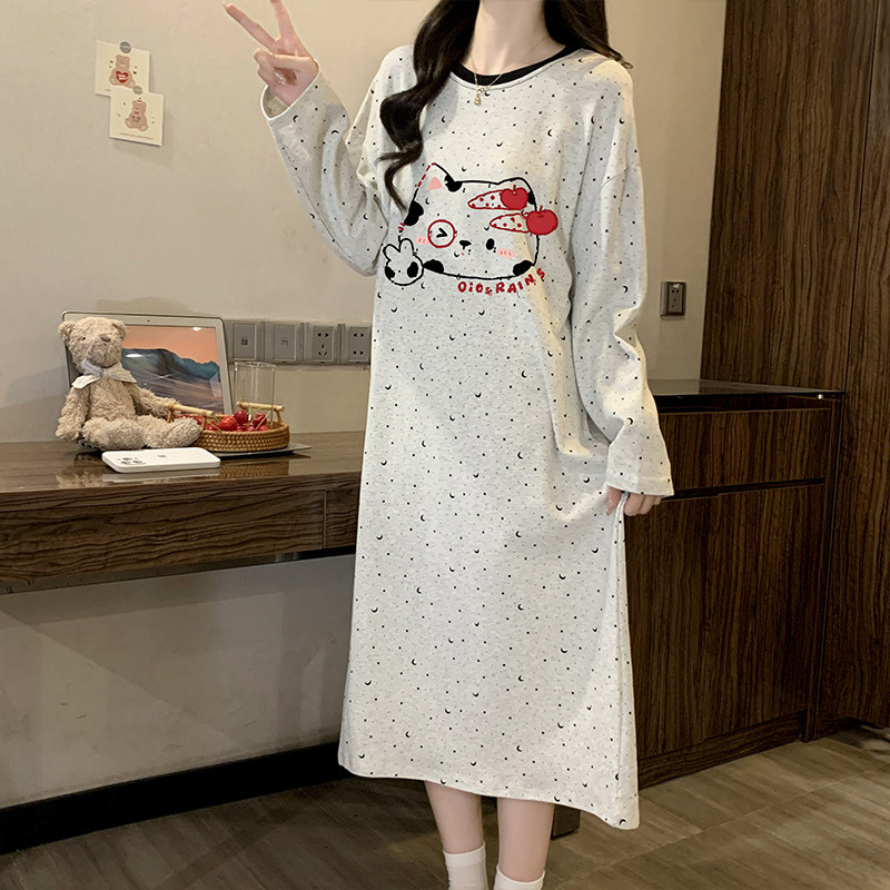 韩系可爱卡通猫咪纯棉长袖睡裙女秋季宽松中长款秋冬大码全棉睡裙