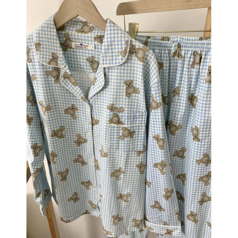 韩系可爱格子小熊睡衣女春秋冬季长袖学生少女全棉宽松家居服套装