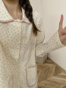 ins清新碎花纯棉睡衣女春秋季 翻领撞色格子边学生居家服女 长袖