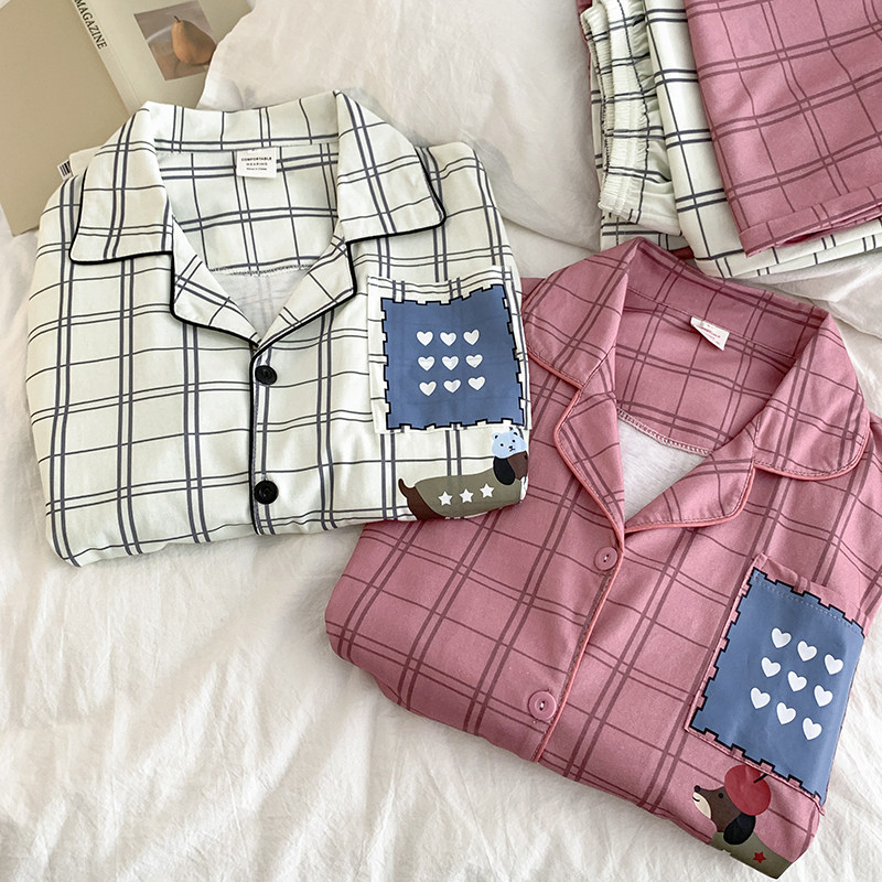 2026春季新款爱心小狗纯棉情侣睡衣男女士长袖格子全棉家居服套装