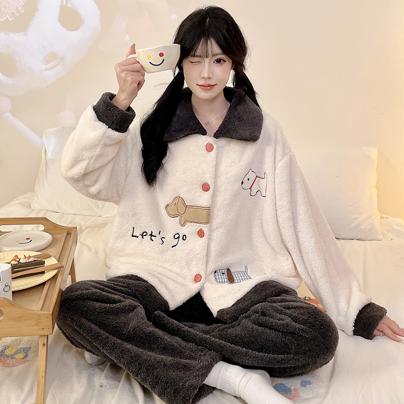 韩版公主风软糯秋冬季半边绒睡衣卡通可爱猫咪卡通女款加厚家居服