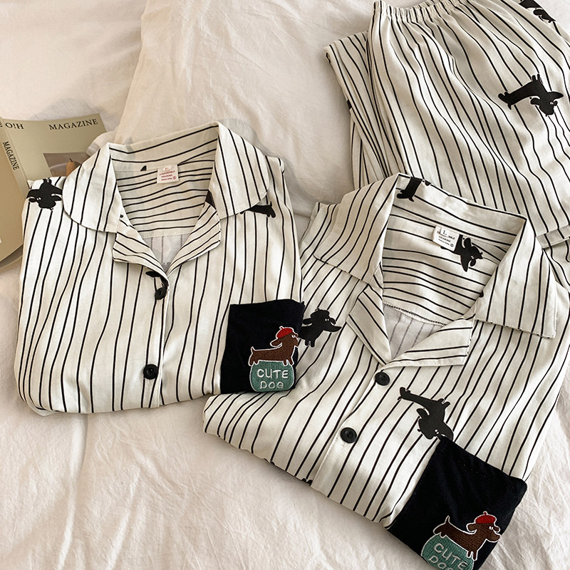 2026春季新款条纹腊肠狗纯棉情侣睡衣青年男女长袖格子家居服套装