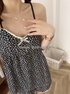 韩系ins小碎花吊带睡衣女夏季 薄款 自带胸垫少女高颜值居家服套装