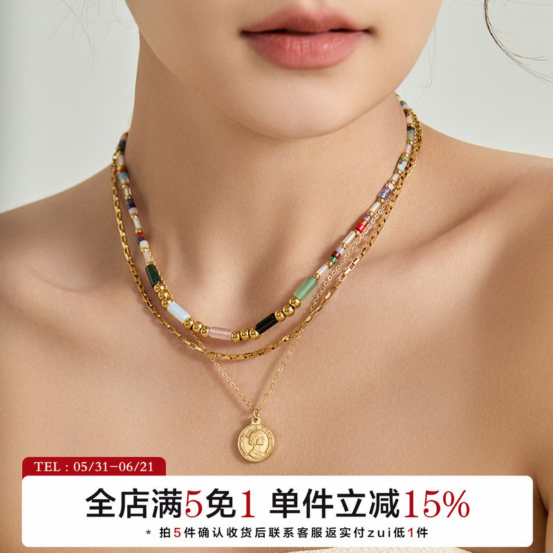 希腊少女 天然水晶石彩色串珠项链小众设计叠戴金币锁骨颈链