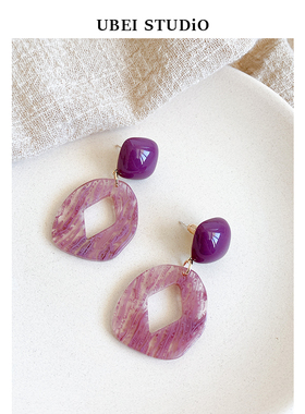 温柔薄雾紫 原创春夏法式少女紫复古几何醋酸耳环日系ins风耳饰夹