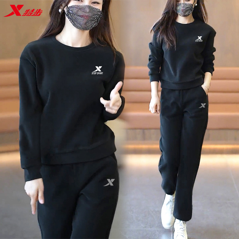 特步长袖运动套装女黑色显瘦卫衣卫裤2025春季正品宽松休闲运动服