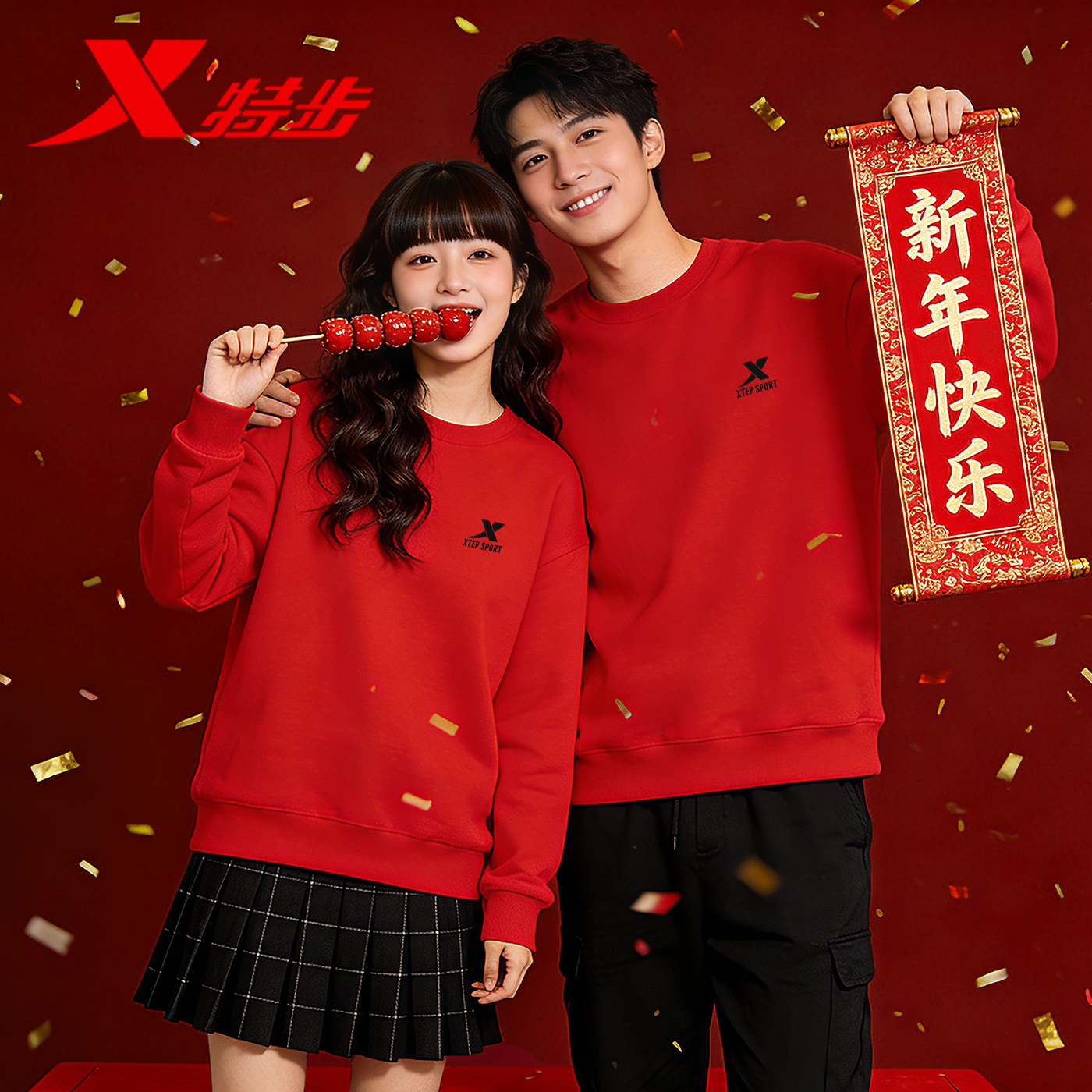 特步新年加绒红色卫衣男女情侣款马年喜庆拜年服宽松保暖运动服