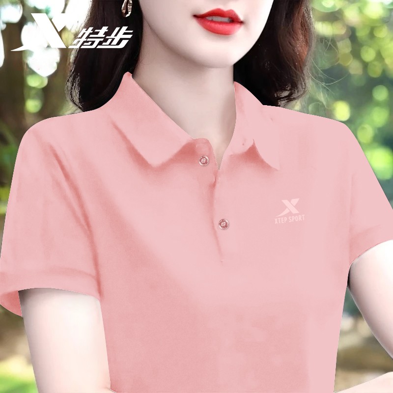 特步Polo衫女2025夏季新款透气速干翻领短袖t恤女士休闲女装半袖