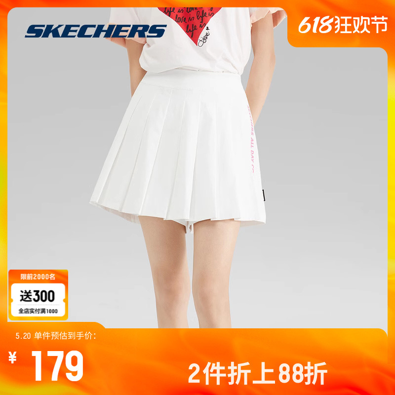 Skechers斯凯奇女子运动裤裙夏季速干凉感白色百褶短裤甜美可爱