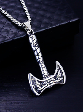 欧美北欧维京双头斧造型钛钢吊坠男士嘻哈时尚不锈钢吊坠项链饰品