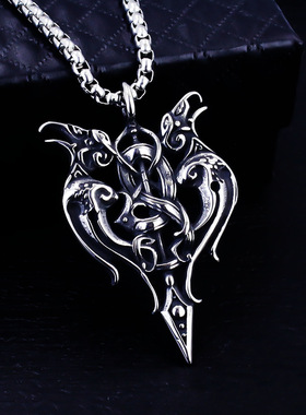 新款欧美复古男士吊坠不锈钢钛钢项链维京人奥丁坐骑双乌鸦造型