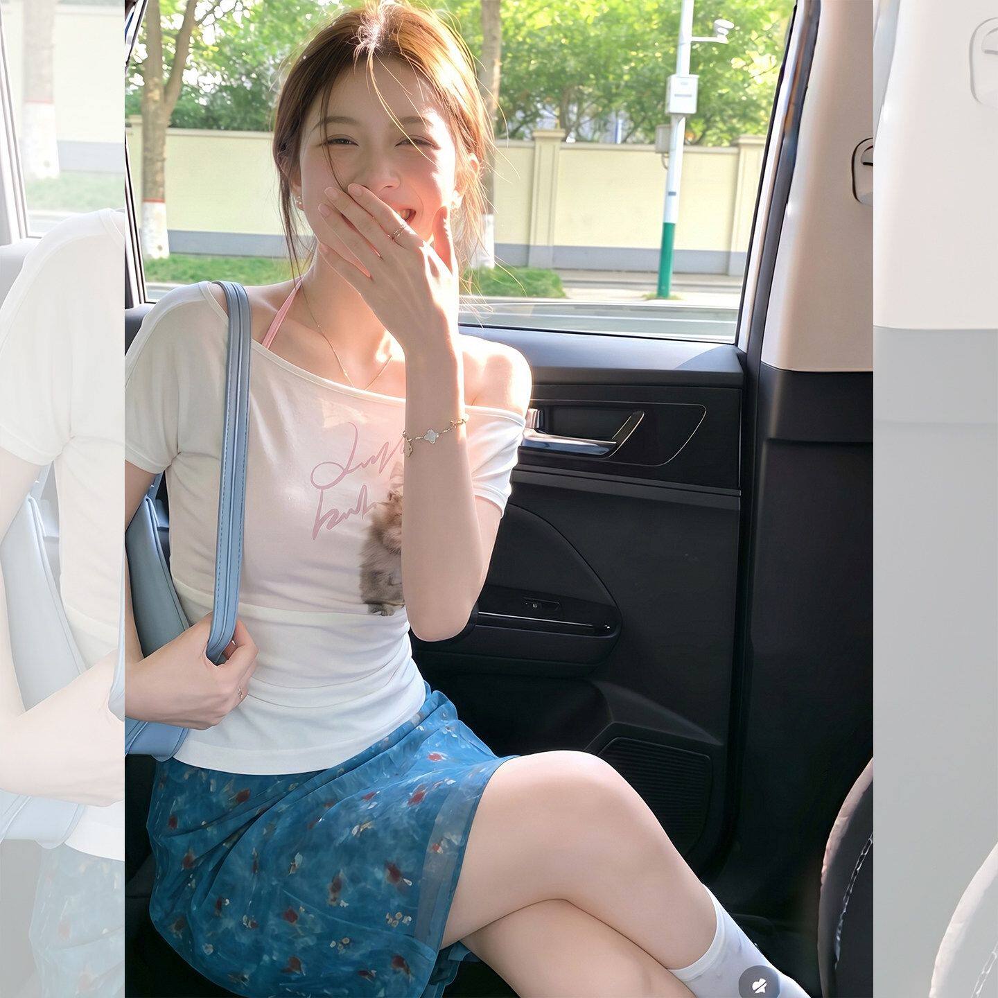 夏季新款纯欲风猫咪印花斜肩短袖T恤两件套装女修身显瘦露肩上衣