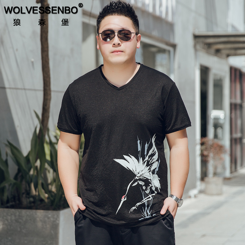 潮大码v领肥佬胖子薄款短袖t恤