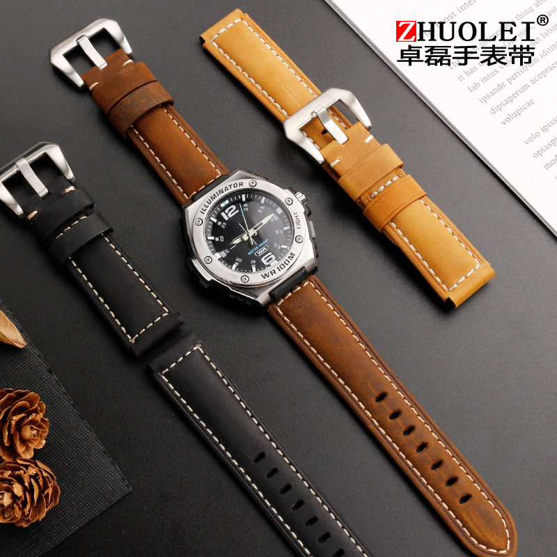 适配卡西欧黑武士5577手表MWA-100H学生复古磨砂牛皮表带配件20mm