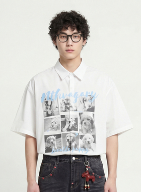 From Mars 白色小狗 印花宽松高街风 Nthvagary 短袖衬衫男女潮牌
