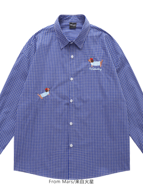 From Mars 时髦可爱 蓝色小动物印花学院风休闲长袖衬衫衬衣宽松