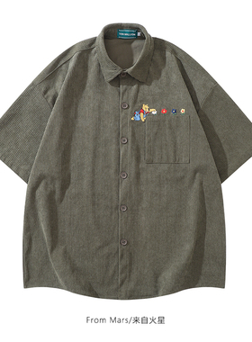 From Mars摸摸小花 卡通小熊花朵刺绣翻转口袋短袖衬衫宽松情侣bf