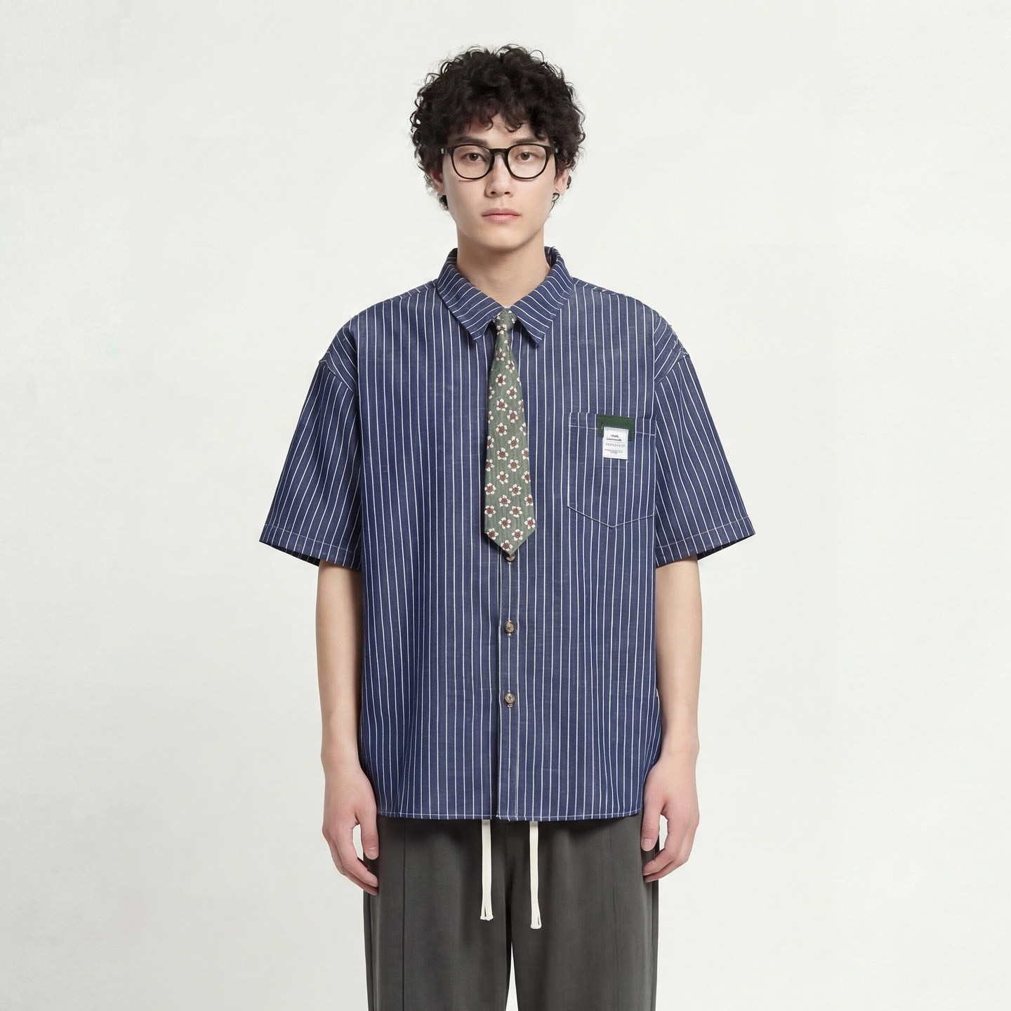 From Mars 花花陪衬 慵懒风复古vintage条纹领带宽松短袖衬衫男女