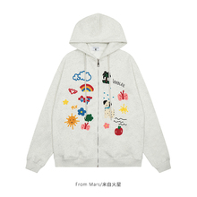 From Mars 不停猜测 潮牌立体卡通刺绣连帽开衫宽松卫衣外套加绒