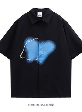 From Mars 蓝色蝴蝶 创意涂鸦字母印花短袖衬衫宽松情侣开衫潮ins