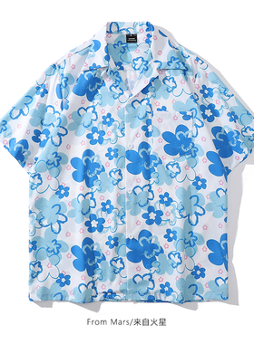 From Mars 小清新日系原宿涂鸦花朵潮牌青春学院夏威夷风宽松衬衫