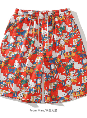 From Mars 少女心猫咪 红色趣味卡通满印短裤潮牌宽松百搭五分裤