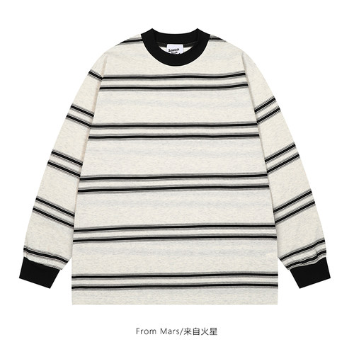 条纹时尚圆领男女宽松bf休闲长袖