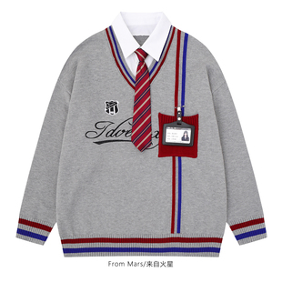 From Mars 胸牌口袋 学院风撞色假两件条纹设计感宽松男女毛衣BF