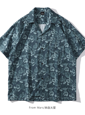 From Mars 绿色油画玫瑰复古艺术感潮牌ins休闲慵懒宽松小众衬衫