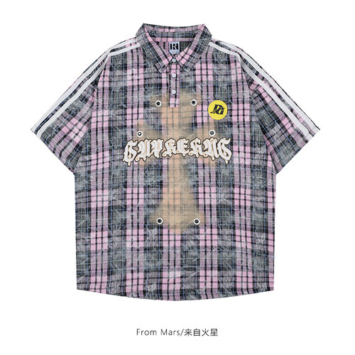 格子十字架POLO领宽松短袖衬衫