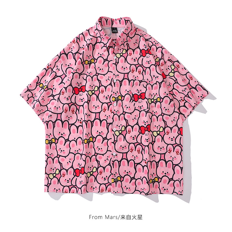 From Mars蝴蝶结兔子 日系甜酷兔子满印短袖衬衫潮牌宽松休闲衬衣