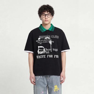 撞领涂鸦落肩短袖T恤POLO衫潮