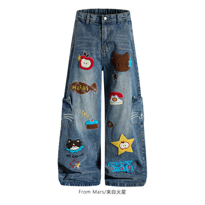 卡通阔腿宽松休闲牛仔裤女长裤