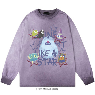 From Mars 歪打正着 美式嘻哈潮牌卡通动漫印花宽松长袖T恤情侣BF