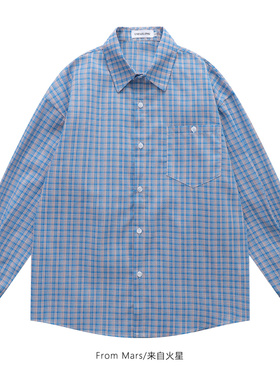 From Mars 时髦蓝色 格纹撞色长袖衬衫法式复古vintage宽松衬衣潮