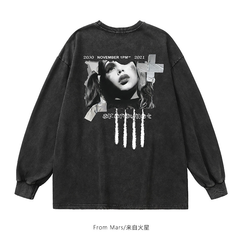 From Mars 迷茫的凝视 水洗做旧人物字母长袖T恤潮牌宽松休闲男女