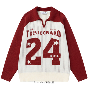 From Mars 期待也是 潮牌学院风撞色翻领宽松毛衣休闲情侣针织衫