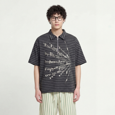 条纹字母Polo衫半拉链翻领短袖