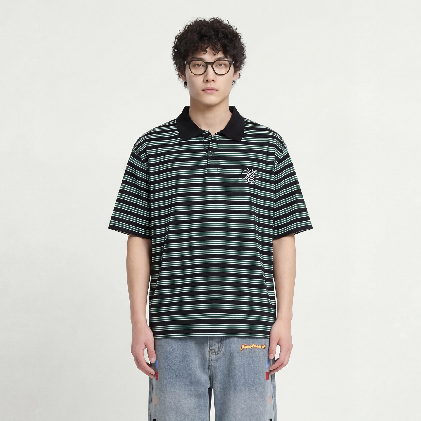 From Mars 太阳条纹 polo衫撞色刺绣街头风百搭短袖T恤宽松男女BF