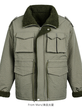 From Mars 把你放心里 痞帅休闲复古绿色格纹工装宽松棉服外套BF