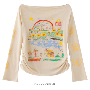 Mars 长袖 说说心里话 手绘涂鸦印花修身 T恤女上衣 慵懒风短款 From