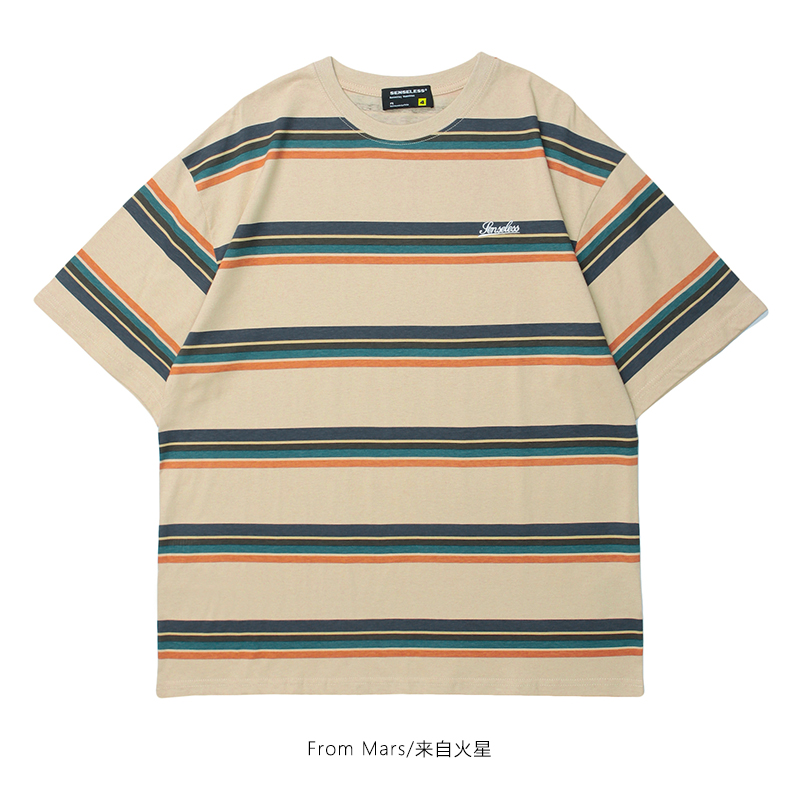 盐系条纹古着感潮牌街头短袖T恤