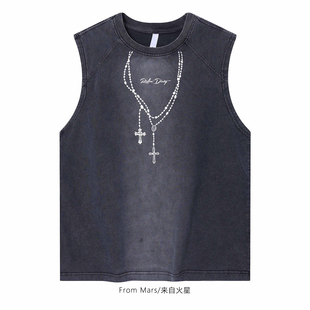 From Mars 十字架 项链印花无袖t恤女男夏季做旧坎肩背心宽松休闲