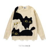 三只小猫 From Mars 国潮创意猫咪提花破洞流苏圆领针织毛衣情侣