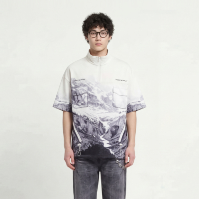 雪山风景宽松休闲短袖T恤男女