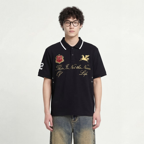 徽章飞马刺短袖宽松POLO衫潮