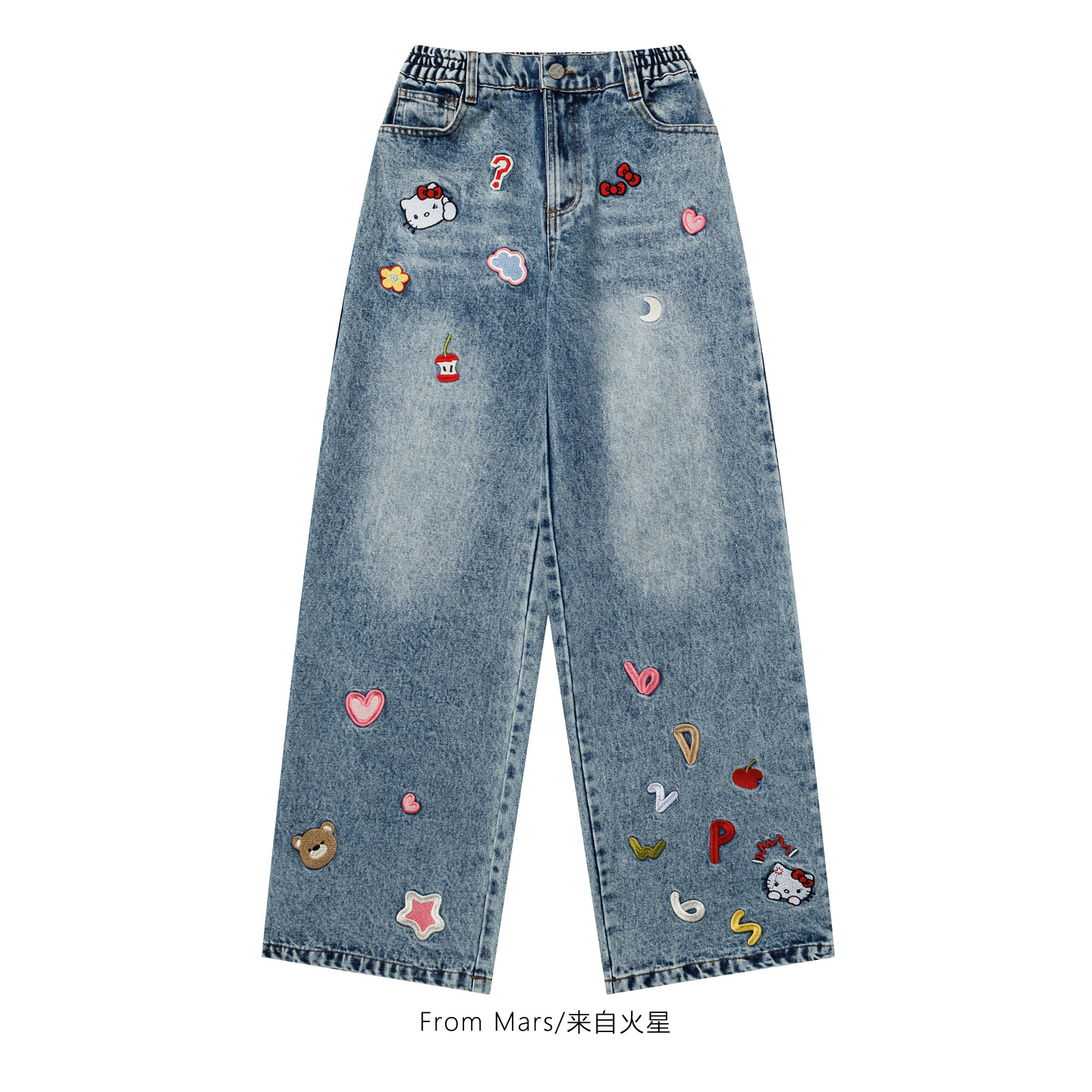 卡通刺绣宽松直筒阔腿牛仔裤女
