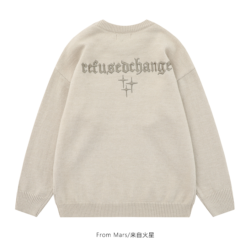 刺绣圆领套头毛衣宽松慵懒情侣潮