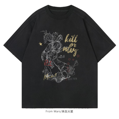 线稿漫痕宽松短袖T恤美式设计感